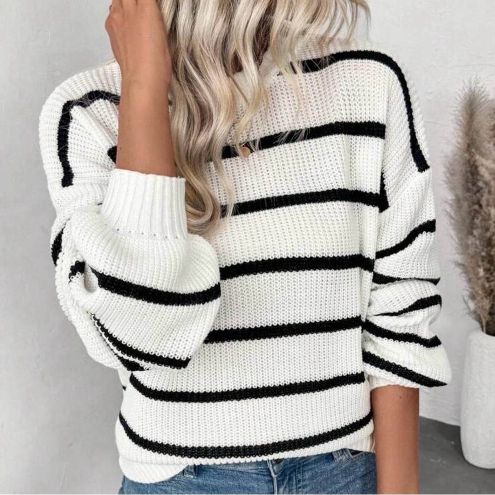 Classic Black and White Crew Neck Sweater with Stripes